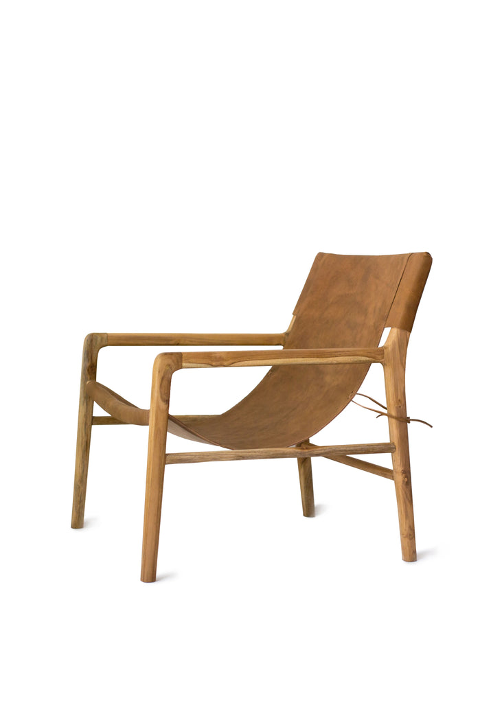 Tan Leather & Teak Sling Chair